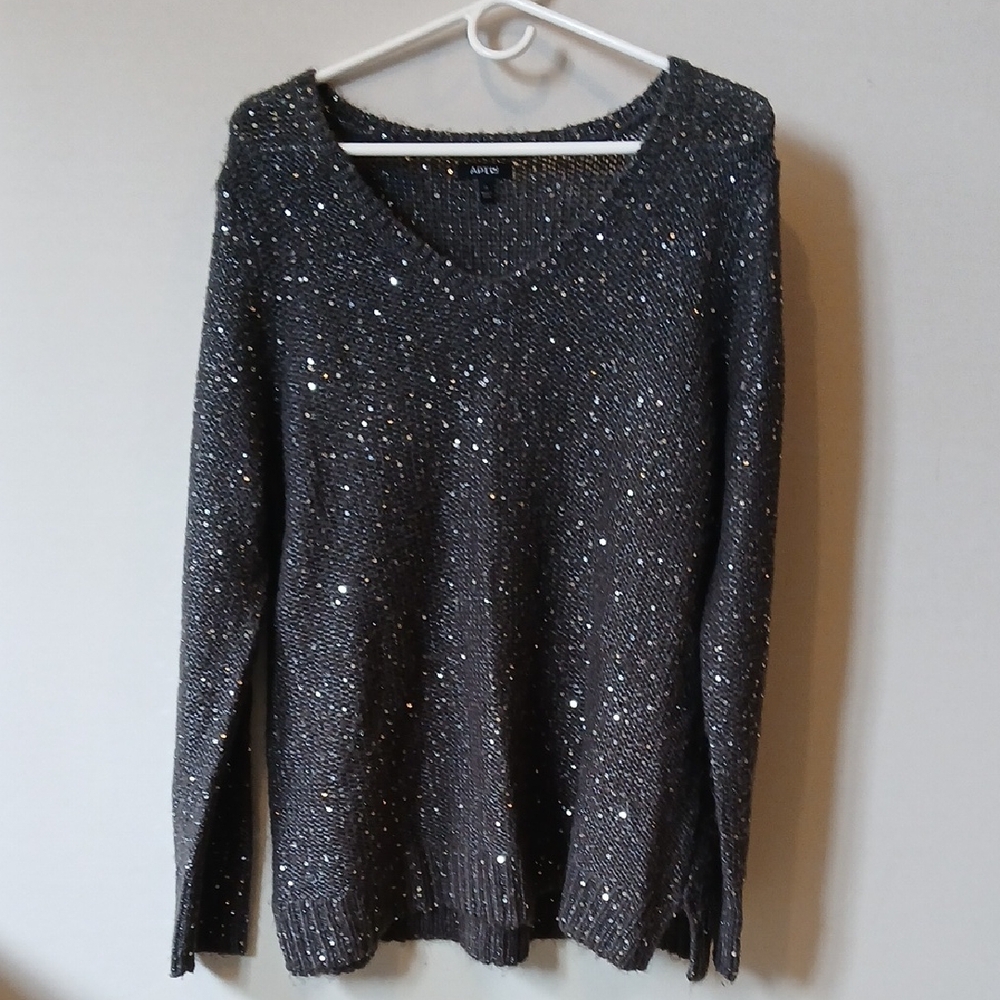 Apt. 9 Charcoal Silver Sequin Sparkle V-Neck Pullover Sweater Size XL